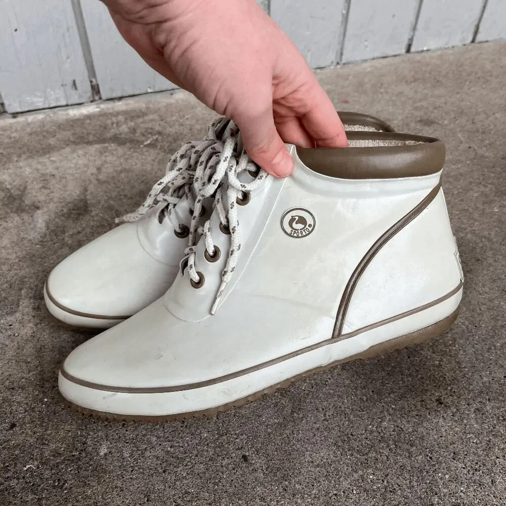 Vintage Sporto White Lace-Up Rain Boots Thermolite Size 9 Waterproof 80s/90s